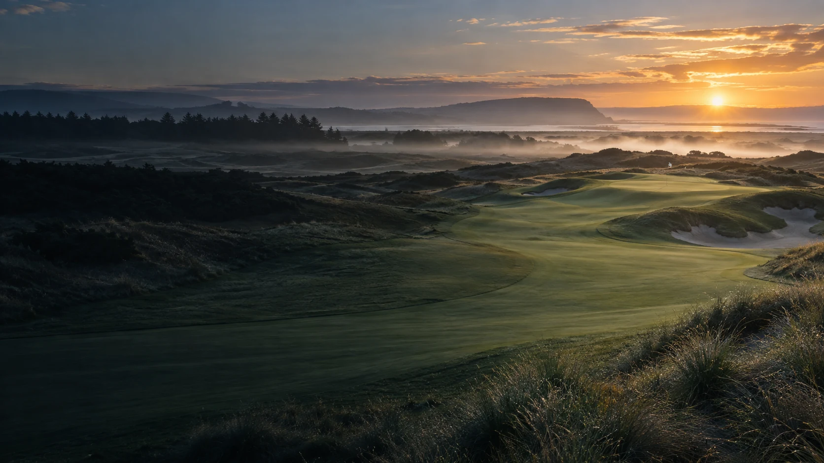 Golden morning light falling across a quiet golf course